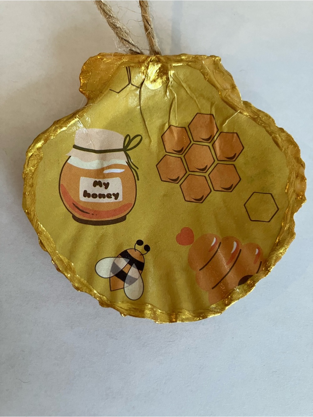 Handcrafted Honey Bee Seashell Ornament 3 inch Decoupage